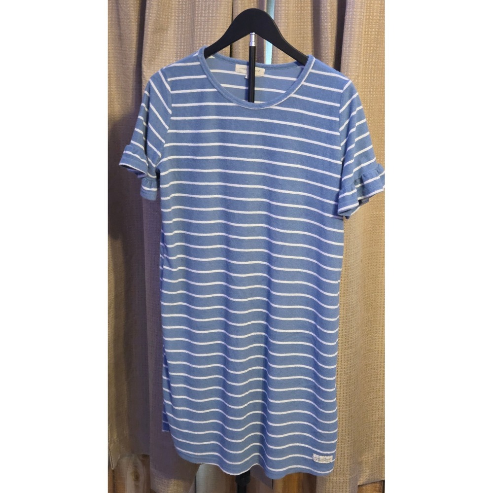 Simply Southern Striped Ruffled Sleeve Dress Women's Size Large Blue White